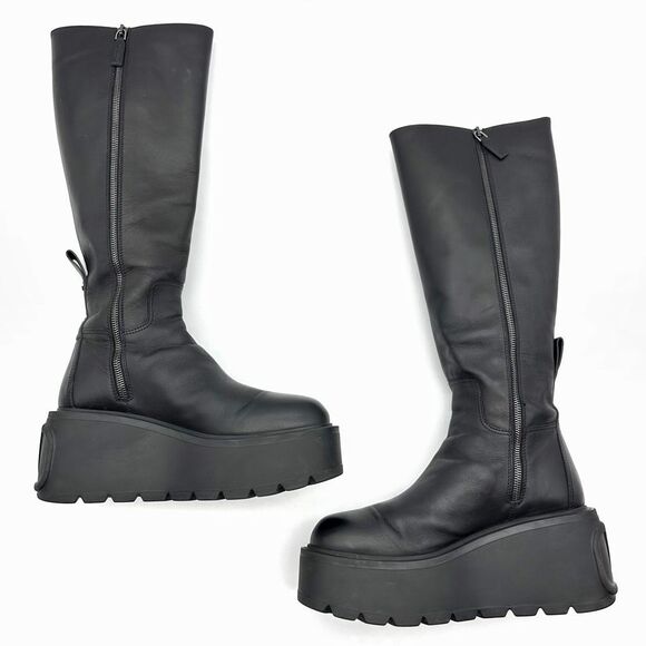 VALENTINO Black Uniqueform VLogo Tall Platform Wedge Boot Size 38.5 Heel Leather - Picture 3 of 11